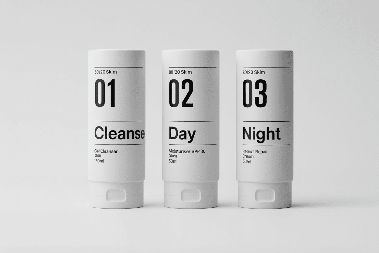 The three 80/20 Skin products: 01 Cleanse, 02 Day, 03 Night